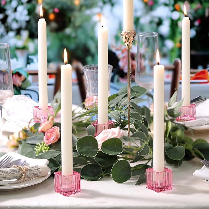 LETINE Elegant 12pcs Pink Striped Taper Candle Holders - Perfect Candle Stick Holder Decor for Tablescapes, Wedding Centerpieces, Church Christmas Displays, Birthday Dinners & Thanksgiving.