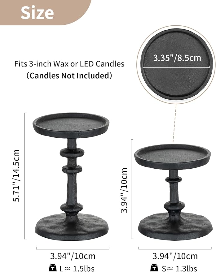 NUPTIO Pillar Candle Holder Black: Solid Cast Iron Candle Stand for 3 Inch Pillars - Vintage Sturdy Metal Candleholder for Halloween Christmas Fireplace Mantle Decor