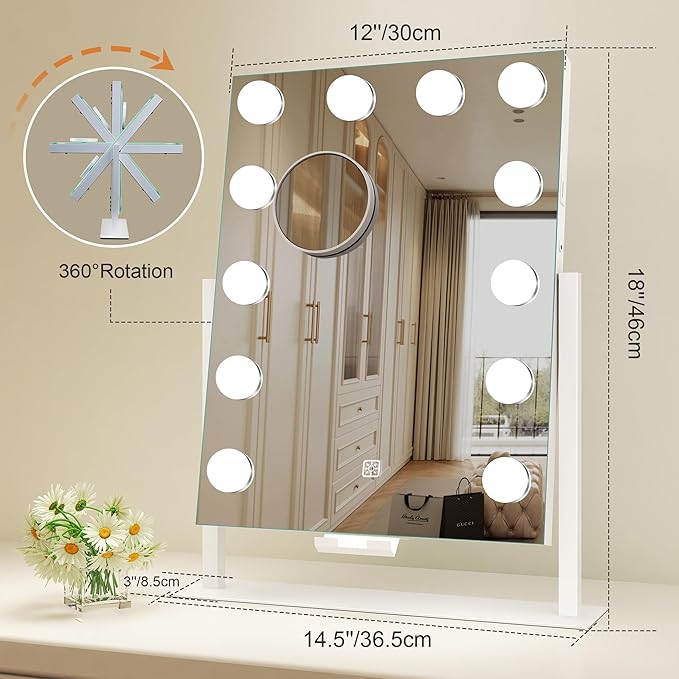 S'bagno Vanity Mirror with Lights, 12 Dimmable LED Bulbs, Detachable 10X Magnifying Mirror, Touch Control, USB Rechargeable, Tabletop Hollywood Lighted Makeup Mirror for Dressing Table,16''x12''