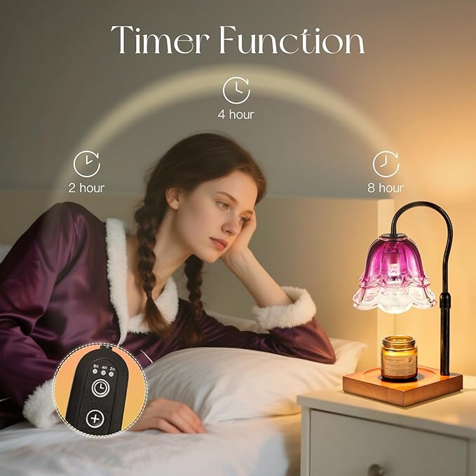 Candle Warmer Lamp with Timer: Purple Flower Candle Warming Lamp with 2 Bulbs Vintage Height Adjustable Wax Warmer Dimmable Gothic Halloween Decor Gift for Women