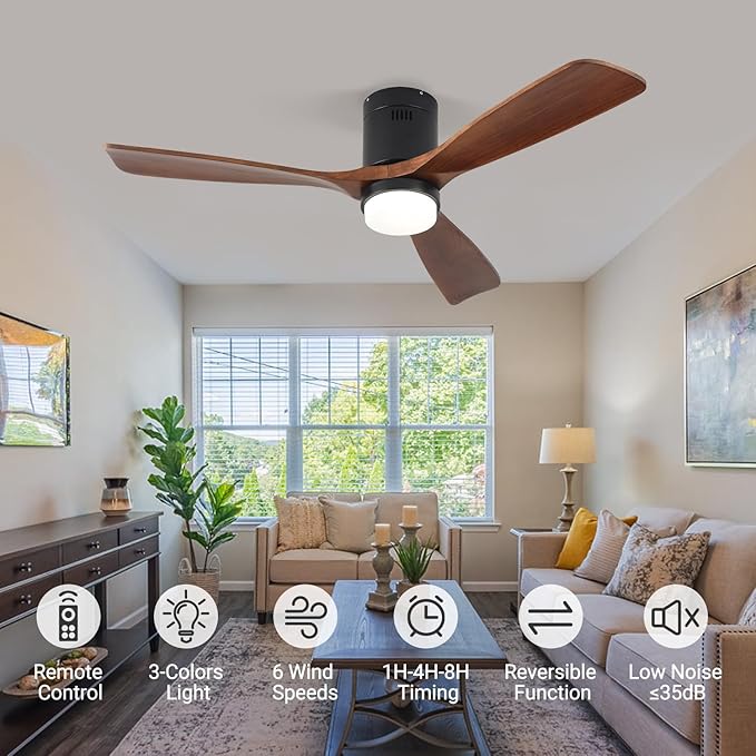 Ceiling Fans with Lights, 52" Wood Ceiling Fan with Remote Control, 3 Walnut Fan Blades Reversible Quiet DC Motor 6 Speeds Timing Farmhouse Ceiling Fan for Bedroom/Living Room/Study/Porch
