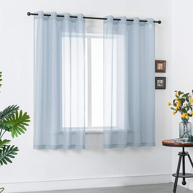DUALIFE 54 Inches Long Dusty Blue Short Sheer Curtains for Nursery 2 Panels Grommet Small Windows Short Drapes Solid Blue Sheer Curtains for Bathroom Boys Bedroom 52 X 54 Inch Long