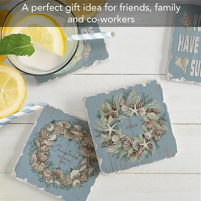 Thirstystone Let It Snow 4 Pack Assorted Tumbled Tile Stone Coasters with Protective Cork Backing 4" Square Manufactured in The USA