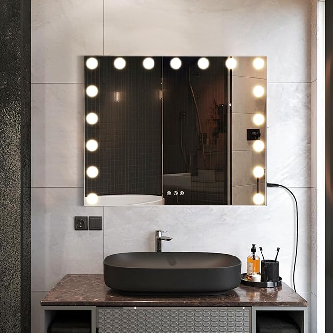 M MIVONDA Large Vanity Mirror with 17 Bulbs Lights, Hollywood Lighted Makeup Mirror for Desk and Wall, Dimmable 3 Lighting Modes, Plug-in & USB Charger Port