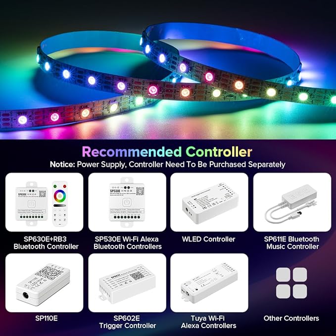 SEZO WS2812B LED Strip Light 16.4FT 60Pixel/M 300LEDs DC5V Individual Addressable LED Strip SMD5050 RGB Dream Color Programmable LED Light Strip Flexible IP30 Non-Waterproof White PCB