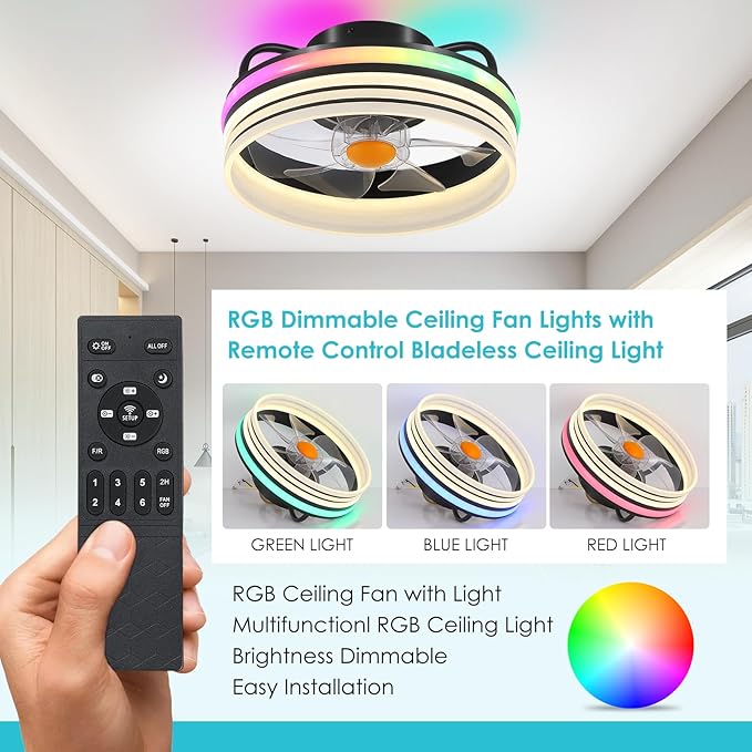 Flush Mount Ceiling Fan with Light - Small Low Profile Ceiling Fan,13" RGB Dimmable LED Bladeless Ceiling Fans, Modern Enclosed LED-RGB Ambient Light for Bedroom, Kids Room, Party