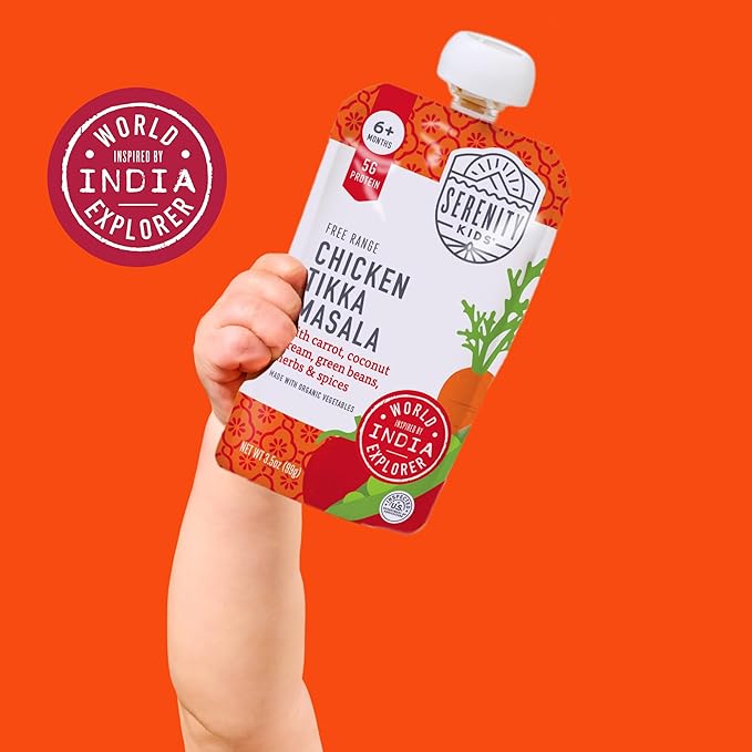 Serenity Kids 6+ Months World Explorers Toddler Pouches - BPA-Free Baby Food Puree with Ethically Sourced Meat & Organic Veggies - Chicken Tikka Masala - 3.5 Oz 6 Pack