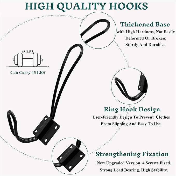 Rustic Entryway Hooks-12 Pack Farmhouse Hooks with Metal Screws Included, Black Decorative Wall Mounted Rustic Coat Hooks Rack, Double Vintage Organizer Hanging Wire Hook Clothes Hanger