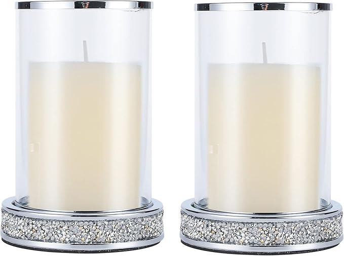 Pillar Candle Holders set of 2,Hurricane Candle Holders for Pillar Candle,Glass Candle Holder for Coffee Dining Table, Wedding, Christmas, Halloween, Home Decoration,Silver Candle Holders