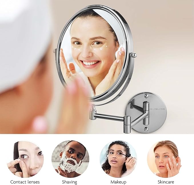 OVENTE 9" Wall Mounted Makeup Mirror with 1X/7X Magnification, Double Sided Magnifying Round Bathroom Vanity Mirror, 360° Swivel Design, Extendable and Folding Arm, Nickel Brushed MNLFW90BR1X7X
