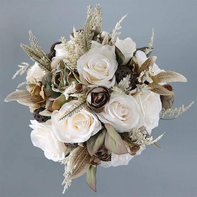 Wedding Bouquet Artificial Roses Flower Bride Bridal Bouquets Handmade Silk Creamy Flower Wedding Bridal Bouquets for Church Party Home Decoration