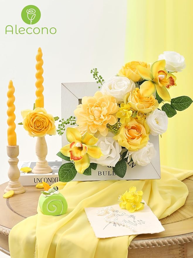 Alecono Artificial Flowers, Yellow Fake Spring Flowers Combo Box with Stems for DIY Wedding Cake, Party Table Centerpieces Home Decor
