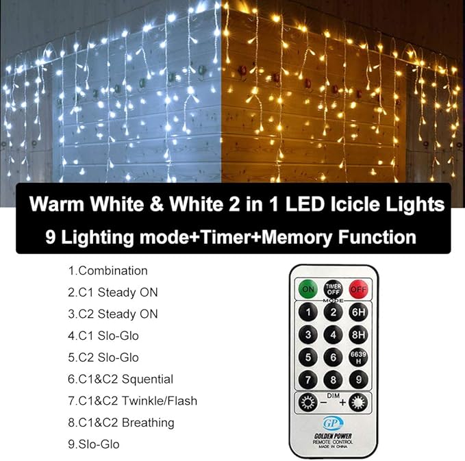 Toodour Christmas Icicle Lights Outdoor, 2 in 1 White & Warm White Color Changing Icicle Lights with 60 Drops, 29.5ft 360 LED Christmas Light Fairy Twinkle Light for Wedding Home Outdoor Xmas Decor