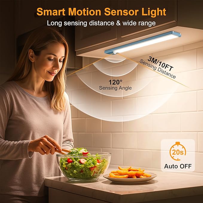 Gritin 10.2inch Under Cabinet Lighting Rechargeable -84 LED Super Bright,3-Color& 5 Level Brightness,4 Modes,Motion Sensor, Long Lasting- Easy Installation Magnetic Closet Lights -2 Pack-Sea Blue