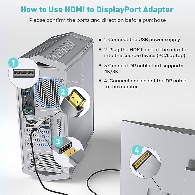 HDMI to DisplayPort Adapter (4K 60Hz,1080p 120Hz) Uni-Directional HDMI Male to DP Female Converter [2 Pack] for Monitor Compatible with GPU,Laptop,AMD,NVIDIA,PS5,Xbox More
