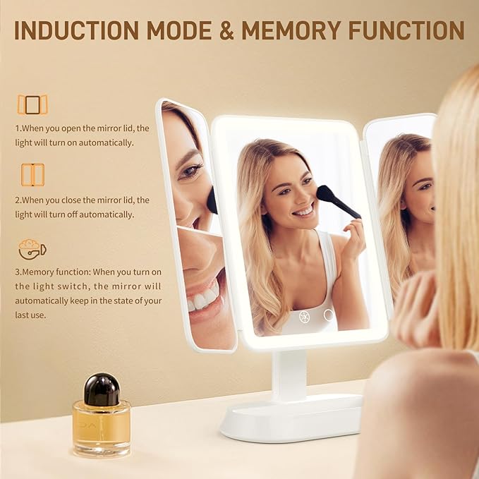 Vanity Mirror with Lights - Rechargeable Lighted Makeup Mirror | 1X/3X/5X Magnification, Smart Touch, 3 Colors Dimmable | Portable Trifold Mirror for Travel for Women and Girls