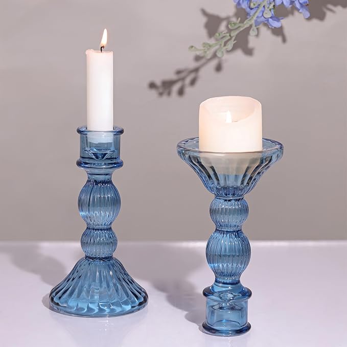 DARJEN 2 Pcs Blue Candlestick Holders - Vertical Stripe Glass Candle Holders for Taper and Votive Candles, Taper Candle Holder for Home, Wedding, Party, Dinner Table Decor