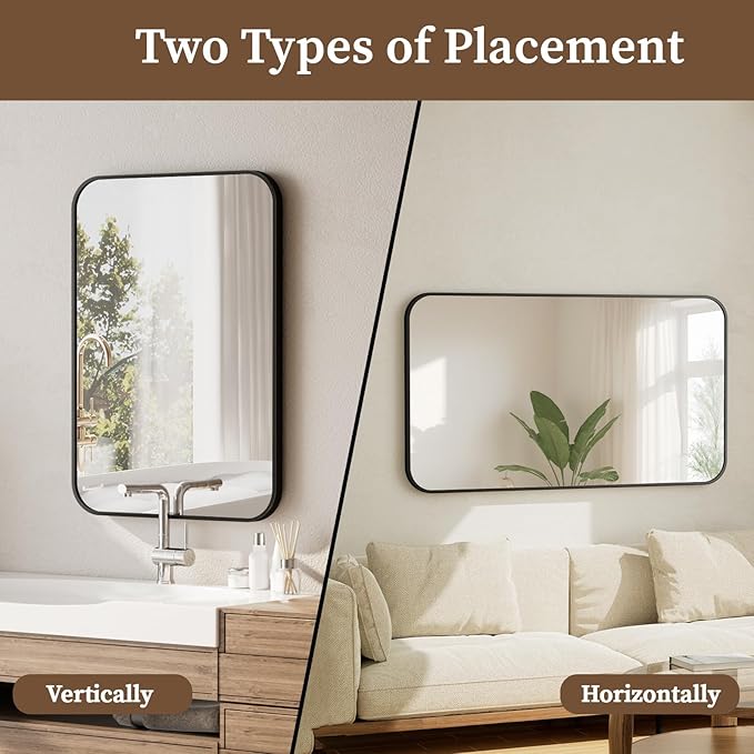 BEAUTYPEAK Black Rectangular Bathroom Mirror - 30" x 48" Wall Mounted Aluminum Alloy Frame Mirror with Rounded Corners for Bedroom Living Room, Horizontal or Vertical
