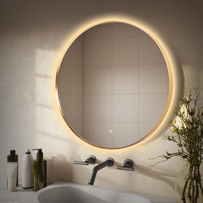 36" Round LED Bathroom Mirror, Wall Mounted Round Backlit Mirror LED Bathroom Vanity Mirror with Lights Fog Free Circle Lighted Mirror with Gold Frame, Smart Light up Mirror 3-Color
