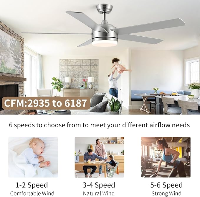 YUHAO 60 Inch Brushed Nickel Ceiling Fan with Light and Remote Control.Noiseless,Dimmable,3CCT,6 Speeds Reversible, DC Ceiling Fans for Indoor or Covered Outdoor