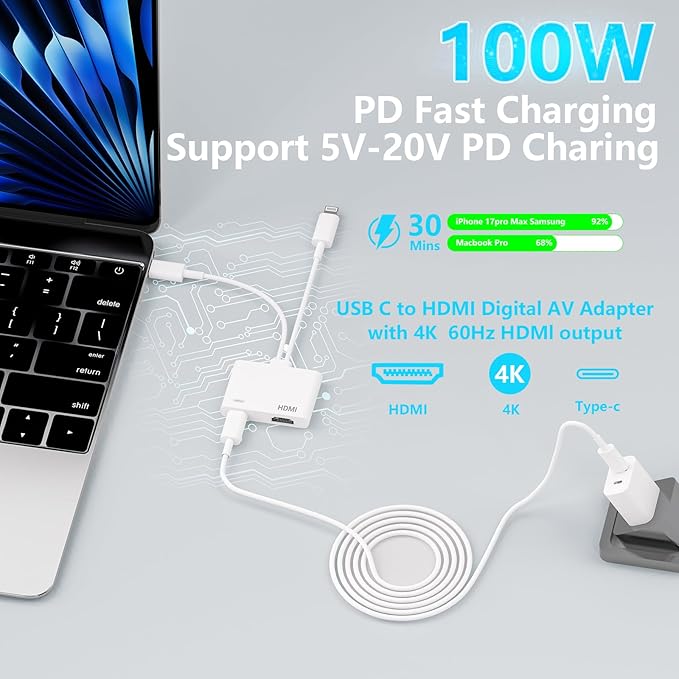 [Apple MFi Certified] Lightning and USB-C to HDMI Adapter for iPhone ipad to TV, 4K@60 Hz Sync Screen Apple to Digital AV Adapter for MacBook iPhone 17/16/15/14/13/12 to TV/Projector/Monitor