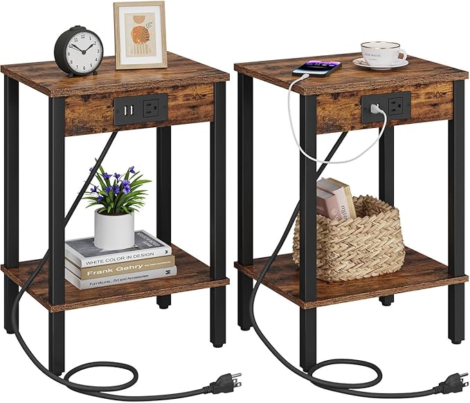 VIMBER Set of 2 End Table with Charging Station, Narrow Side Table with USB Ports and Outlets, Nightstands with 2-Tier Storage Shelves, Sofa Table for Small Space Living Room Bedroom