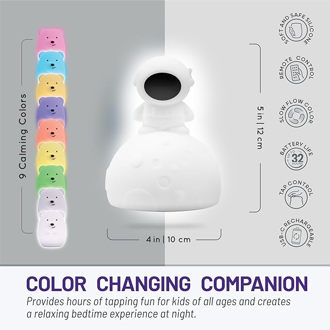 Lumipets Junior Astronaut Night Light, Soft Silicone Material, 8 Soothing Colors, Cordless, Easy Control, Portable