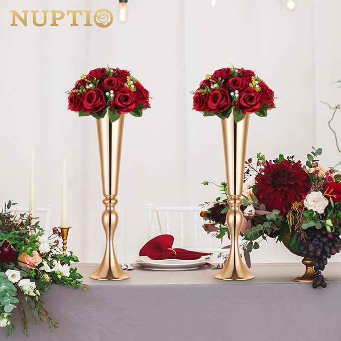 NUPTIO Flower Wedding Centrepieces for Tables - 6 Pcs 9.5in Diameter Crimson Artificial Flowers Rose Ball for Centerpieces Table - Fake Rose Arrangements for Weddings Birthday Party Decor
