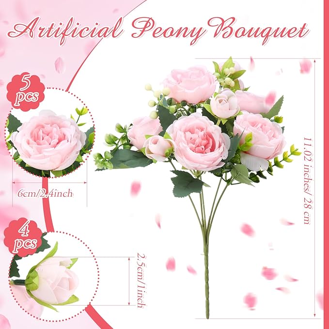Geosar 2 Bundles Artificial Peonies Flowers Fake Silk Peony Bouquet Faux Peonies Flowers Bulk for Decoration Vase Floral Arrangements Wedding Party Table (Pink)