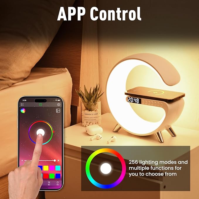 Smart LED Table Lamp, 4-in-1 Wireless Charger, Night Light, Alarm Clock, and Bluetooth Speaker with App Control for Bedroom, Office, and Home Decor (Black)