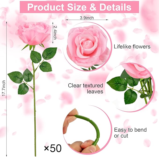 Ouddy Decor 50 Pcs Artificial Pink Roses Bulk Realistic Silk Roses with Long Stems Fake Roses Flowers for Wedding Bridal Bouquet DIY Table Centerpieces Arrangement Valentines Day Home Decor, Pink