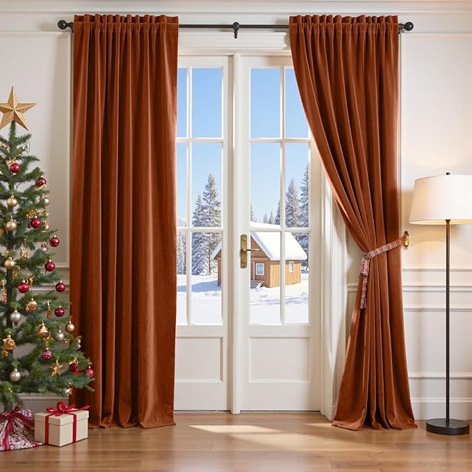 Lazzzy Velvet Blackout Curtains Thermal Insulated Room Window Drapes Super Soft Luxury Curtains for Living Room Bedroom Rod Pocket 2 Panels, Burnt Orange, 52" W x 108" L