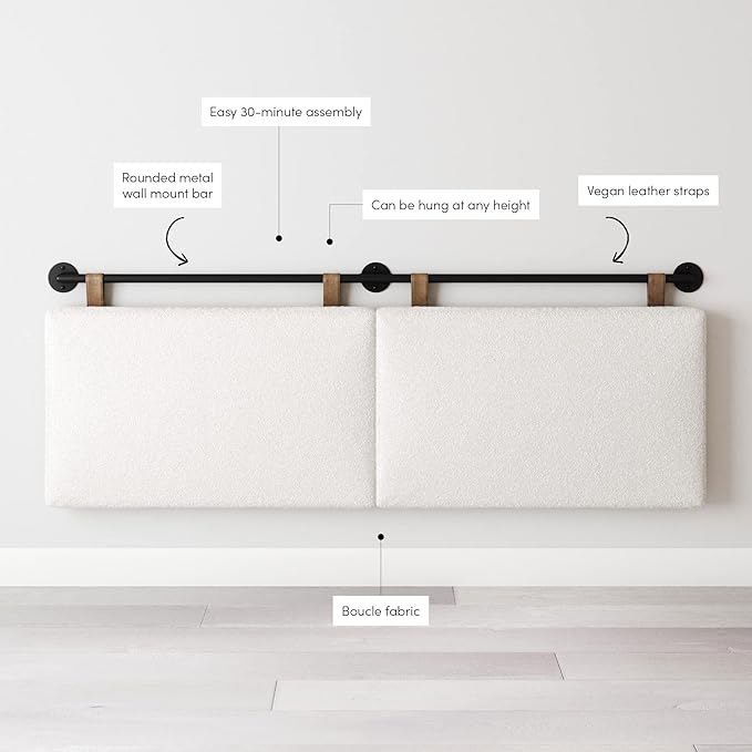 Nathan James Charlie Wall Mount Hanging Headboard, King, White Boucle with Brown Faux Leather Straps