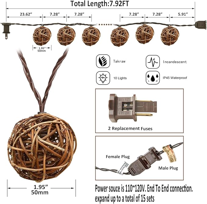 Rattan Christmas String Lights, 10 Mini Natural Globe Rattan Balls, Wicker Lights for Patio, Wedding, Garden, Party, Home Decor, Indoor Outdoor Use, 7.92Ft (Brown Cord)