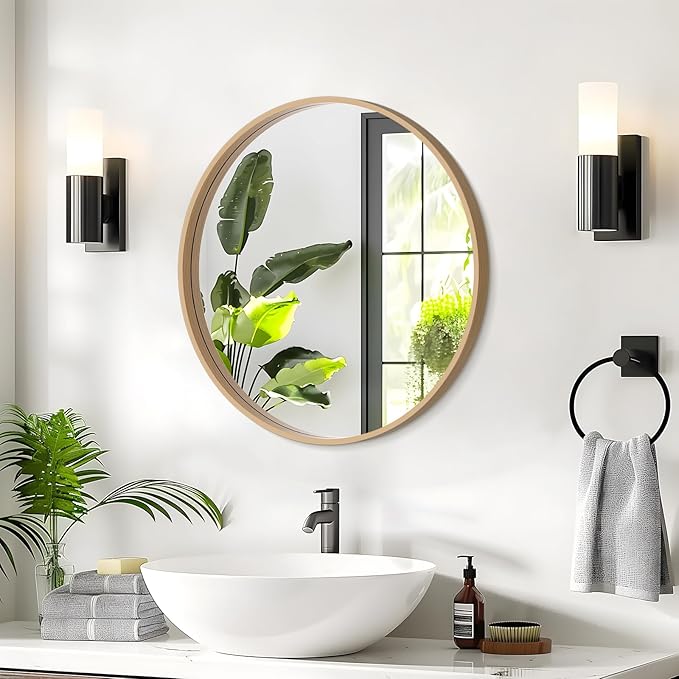 WallBeyond Round Wood Mirror 24 inch Circle Wall Mirror for Bathroom Round Wall Mirror for Wall Decor, Vanity, Entryway Living Room (Natural)