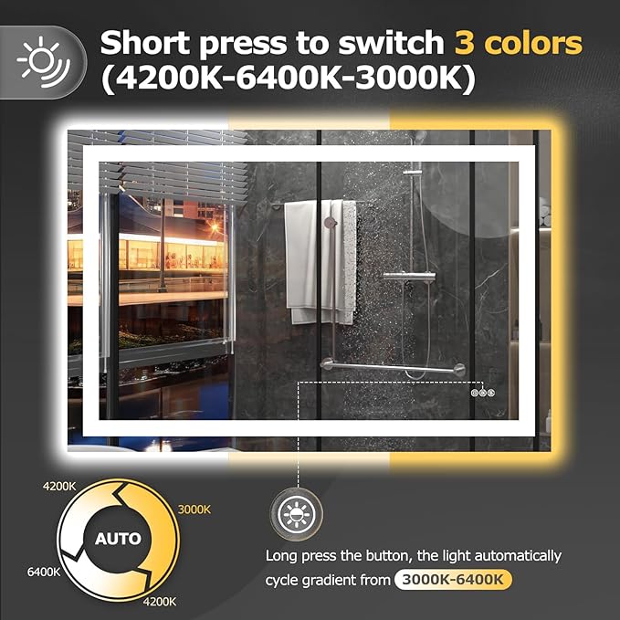 48X32 LED Bathroom Mirror with Lights, Anti-Fog, Dimmable, Backlit + Front Lit, Smart Bathroom Vanity Mirror, Memory Function, Shatterproof, Tempered Glass (Horizontal/Vertical)