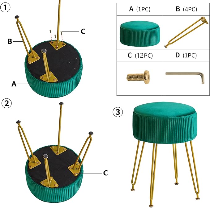 IBUYKE Velvet Storage Footrest Stool Ottoman, Makeup Vanity Stool Side Table with Golden Steel Legs Removable Cover, Coffee Table Top Cover, Green LG-20L