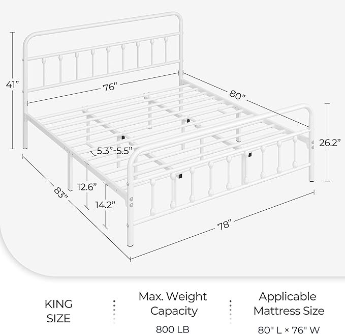 Yaheetech Classic Metal Platform Bed Frame Mattress Foundation with Victorian Style Iron-Art Headboard/Footboard/Under Bed Storage/No Box Spring Needed/King Size White