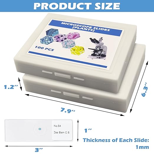 Prolee 200 Packs Microscope Slides, 100 Plants & 100 Animal Tissues Includes Labels and Case for Biological Science Education