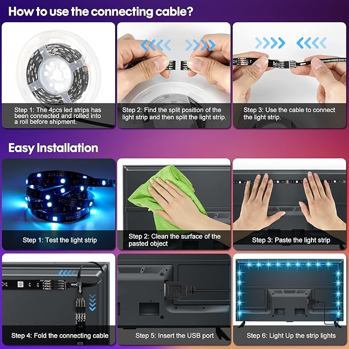HOUHUI USB LED Strip Lights Kit, 4 Pre-Cut 1.64ft/6.56ft RGB LED Light Strips, Color Changing TV Backlights with Remote, RGB 5050 Bias Lighting for TV, PC, Monitor, Home Theater, DIY Decoration