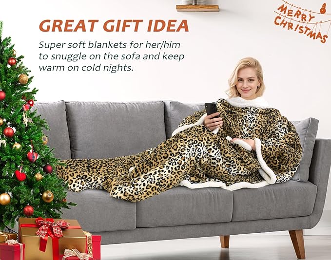 Catalonia Sherpa Wearable Blanket with Sleeves & Foot Pockets for Adult Women Men, Comfy Snuggly Wrap Sleeved Throw Blanket Robe, Gift Idea, Cheetah