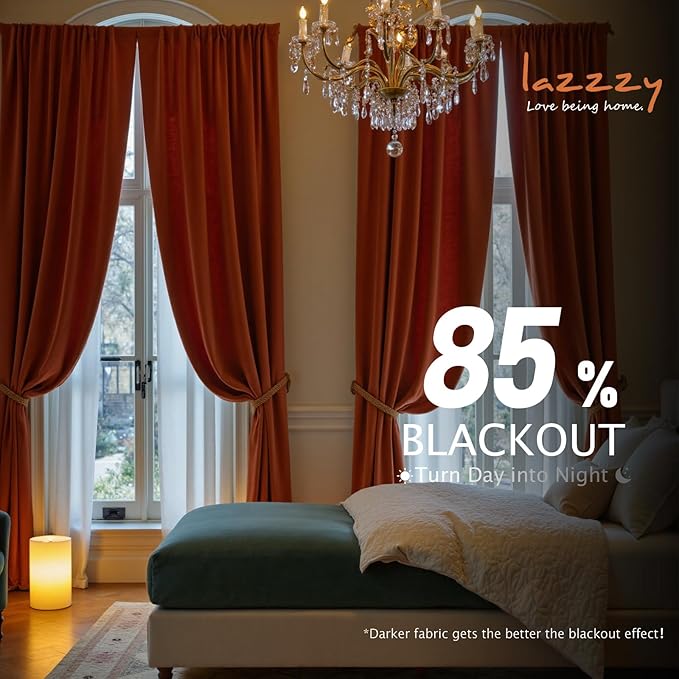 Lazzzy Velvet Blackout Curtains Thermal Insulated Room Window Drapes Super Soft Luxury Curtains for Living Room Bedroom Rod Pocket 2 Panels, Rust Red, 52" W x 120" L