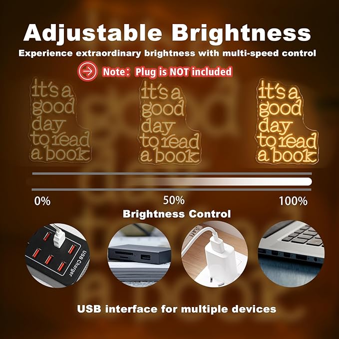 Wanxing LED Neon Sign for Wall Decor, It's a Good Day to Read a Book, USB Powered Dimmable, 5V/2A, 16.5"x12.6" for Home, Office, Bedroom, Book Lover
