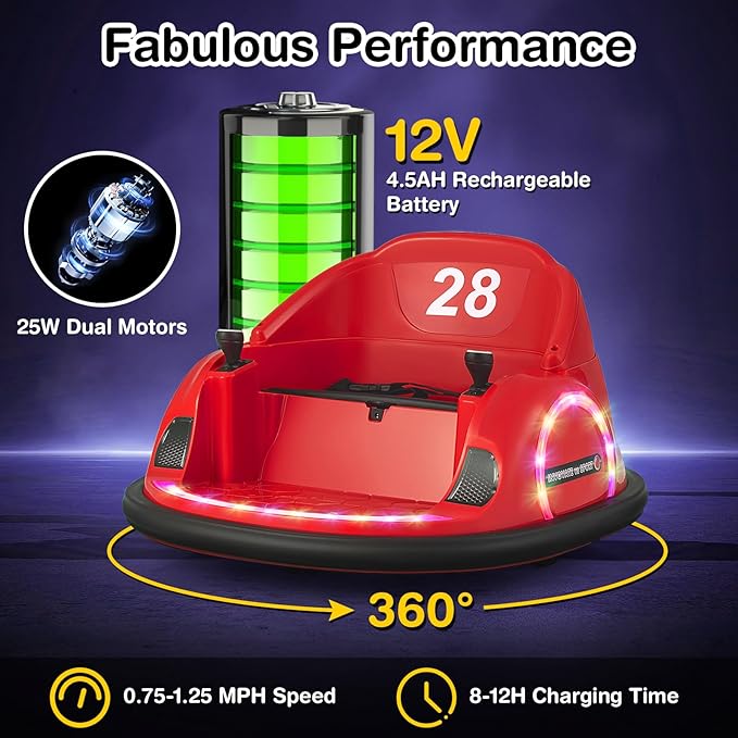 GLACER 12V Bumper Car, Electric Kids Bumper Car w/Parental Remote, 3-Speed, 360°Spin, Music, LED Light, Battery Ride on Bumper Car w/Dual Joysticks, Baby Bumper Car for Toddlers 18 Months+ (Red)