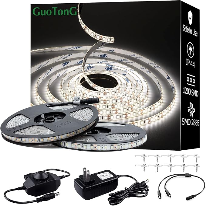 White LED Strip Lights, IP44 Waterproof 2835 LED Lights, 6000K 12V 65.6ft/20m Flexible Ribbon, Kitchen Cabinet Lighting, Outdoor/Indoor (White)
