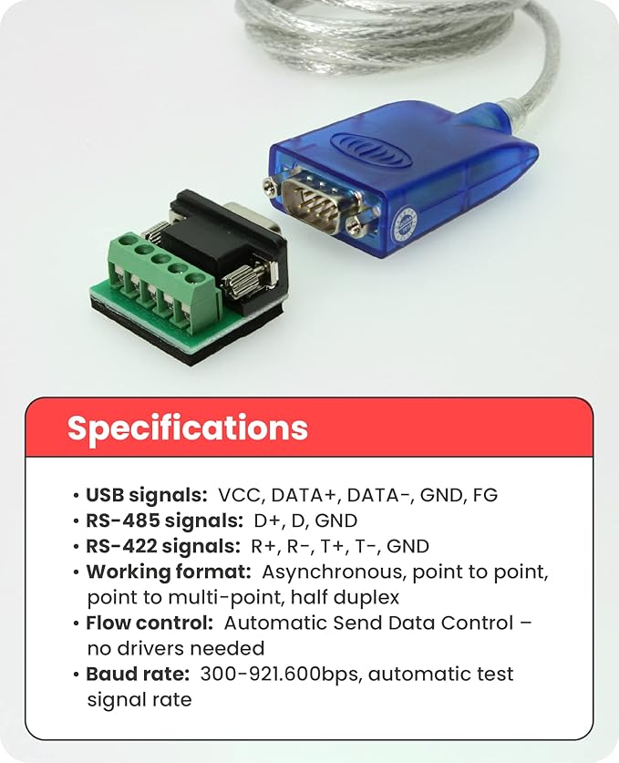 Gearmo USB to RS-485/422 Serial Adapter with FTDI Chipset, LED Indicators, 5ft Cable, ESD Protection, Supports Windows 11/10/8.1/8/7, Linux, MacOS X 10.6 and Above