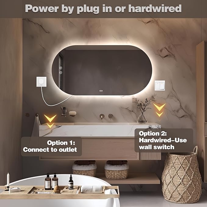 48"x24" Oval Led Mirror for Bathroom, Frameless Vanity Mirror with Lights, Modern Lighted Bathroom Mirror Wall Mounted, Anti Fog Smart Mirror with 3 Colors Dimmable, Vertical/Horizontal