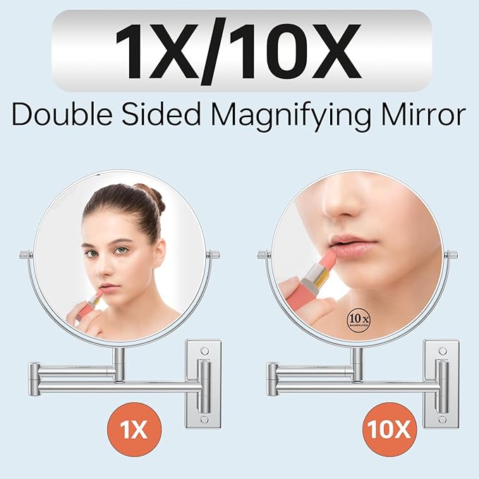 Wall Mounted Makeup Mirror 1X/10x, 8" Double-Sided Swivel Extendable Mirror for Bathroom, Chrome Finish
