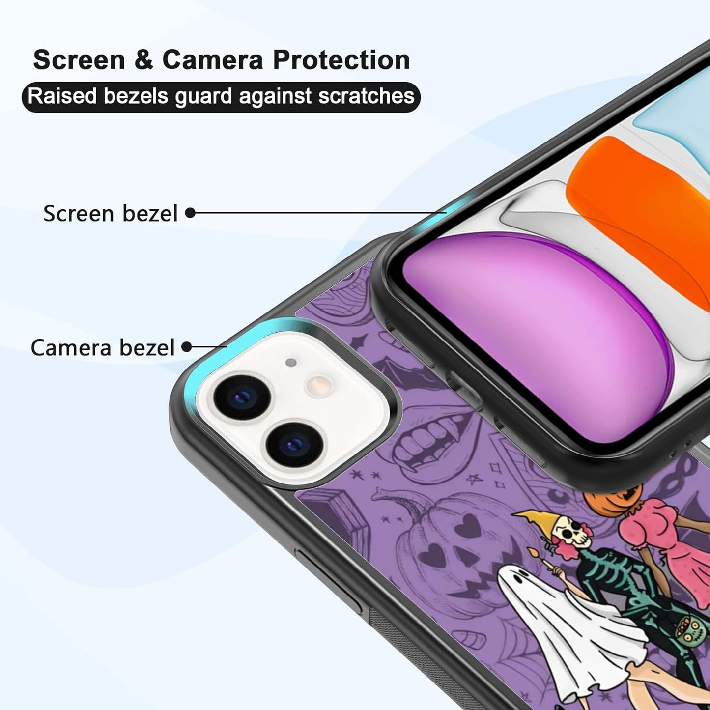 Halloween Spooky Ghost Phone Case for iPhone 11, TPU Shockproof Protective Cover with Eyeball Bat Bones Design - Gift