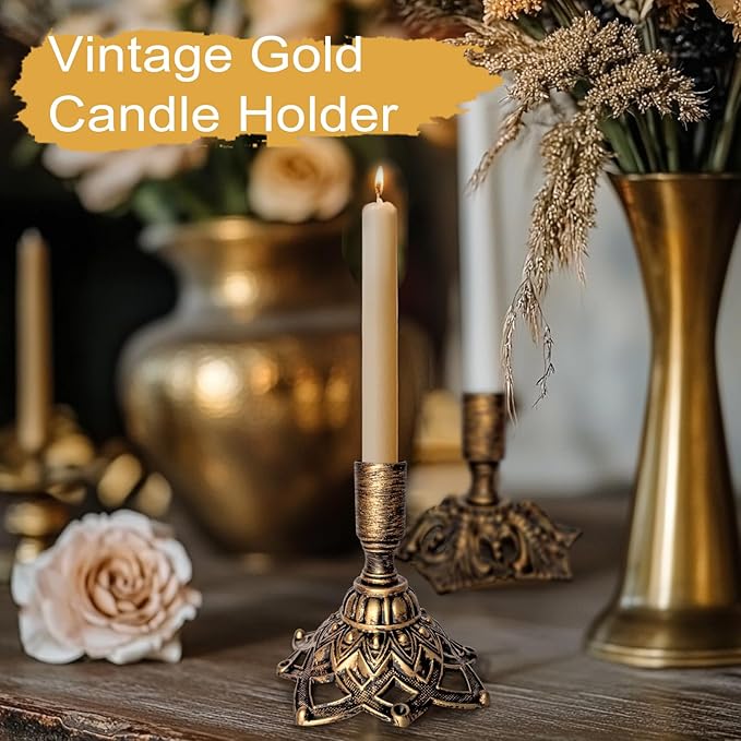 Candlestick Holders,Taper Candle Holder for Candlesticks Gold Brass Vintage Candle Metal Stick Candle Holders for Fireplace, Party, Dining,Wedding Decor,Fits 3/4 inch Thick Candle(Set of 6Pcs)